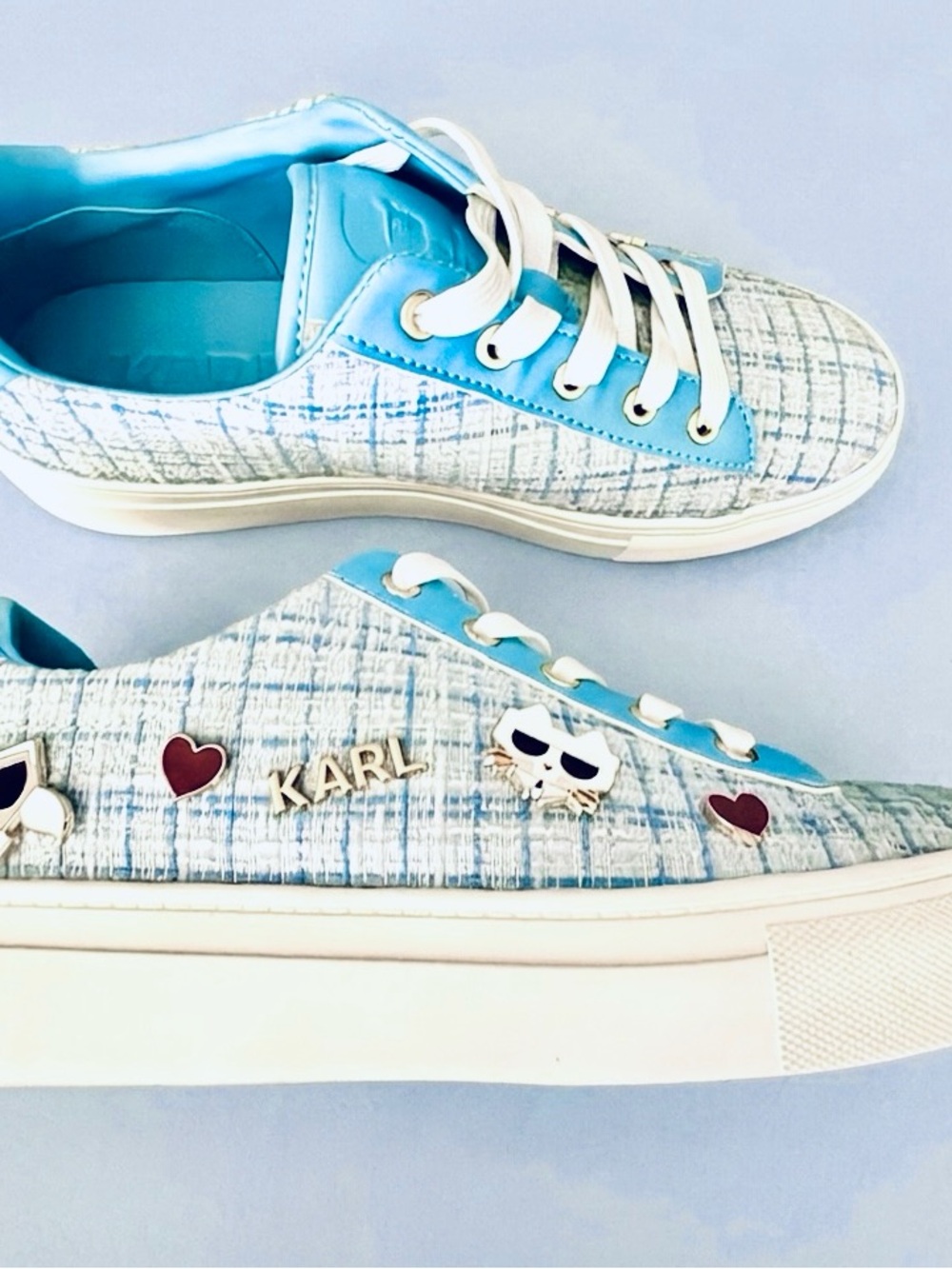Karl Lagerfeld Paris Cambie Tweed Sneakers. Preppy Streetwear Whinsy Chic🩵😎